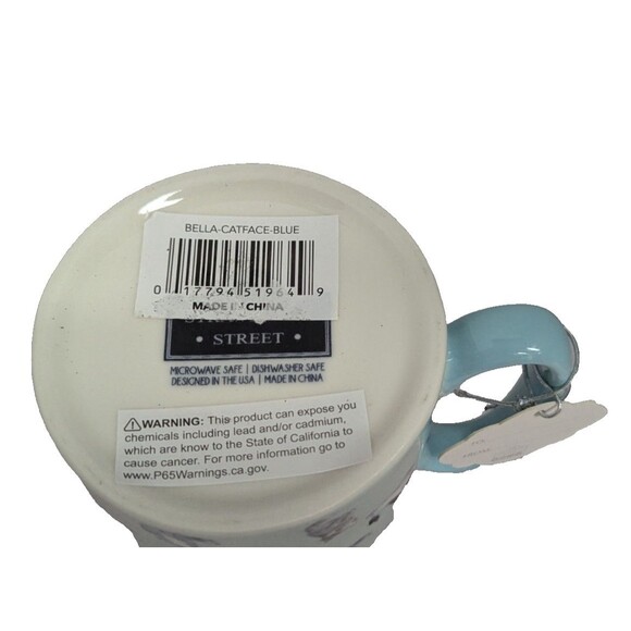 10 Strawberry Street Bella Catface Blue Coffee Mug Cat Print 16-oz Gift Tag NEW - Picture 5 of 7